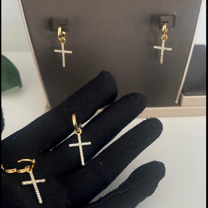 Cross sleeper earrings with zircon stones