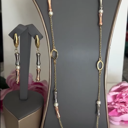 3 tones dropping earrings & dress chain set